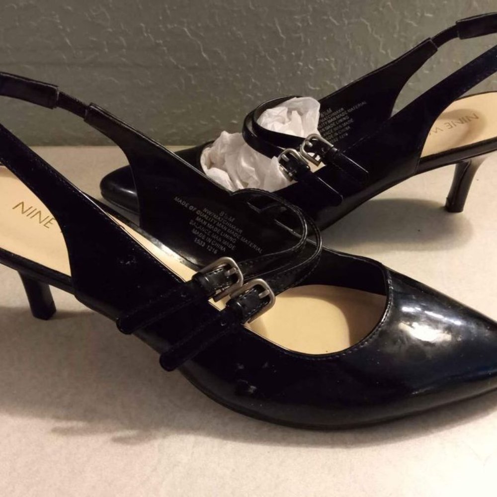 Nine West Black Patent Sling back Heels, Double Strapped, w/Tiny Buckles 8.5 M
